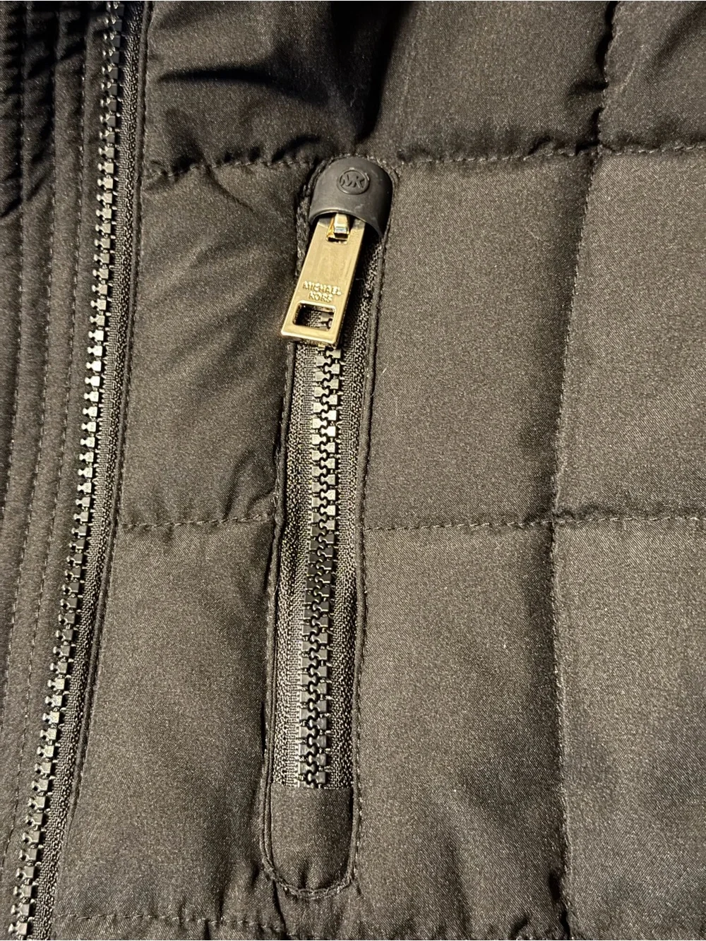 Michael Kors Black Quilted Belted Hooded Puffer Coat with Faux Fur Trim